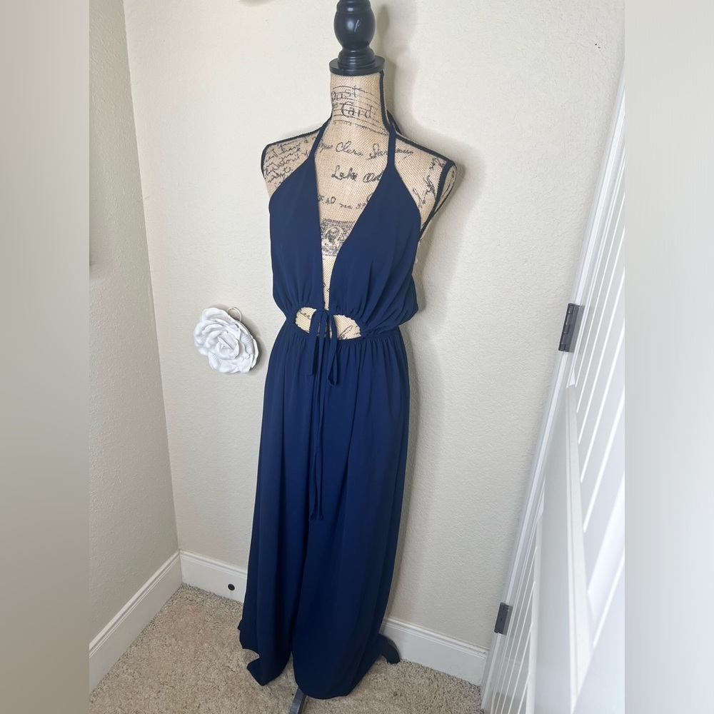 NTM: Tyche Navy Halter Cutout Wide-Leg Jumpsuit Flowy Boho Wear One-Piece Size L - Picture 6 of 16